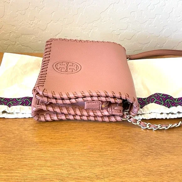Tory Burch Crossbody Bag Marion Combo Maple Sugar Mauve Pink Leather Whipstitch - Picture 7 of 11